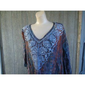 John Mark Caftan 2X NWT $139 Primavera Embroidered Boho Multi Media Washable Top